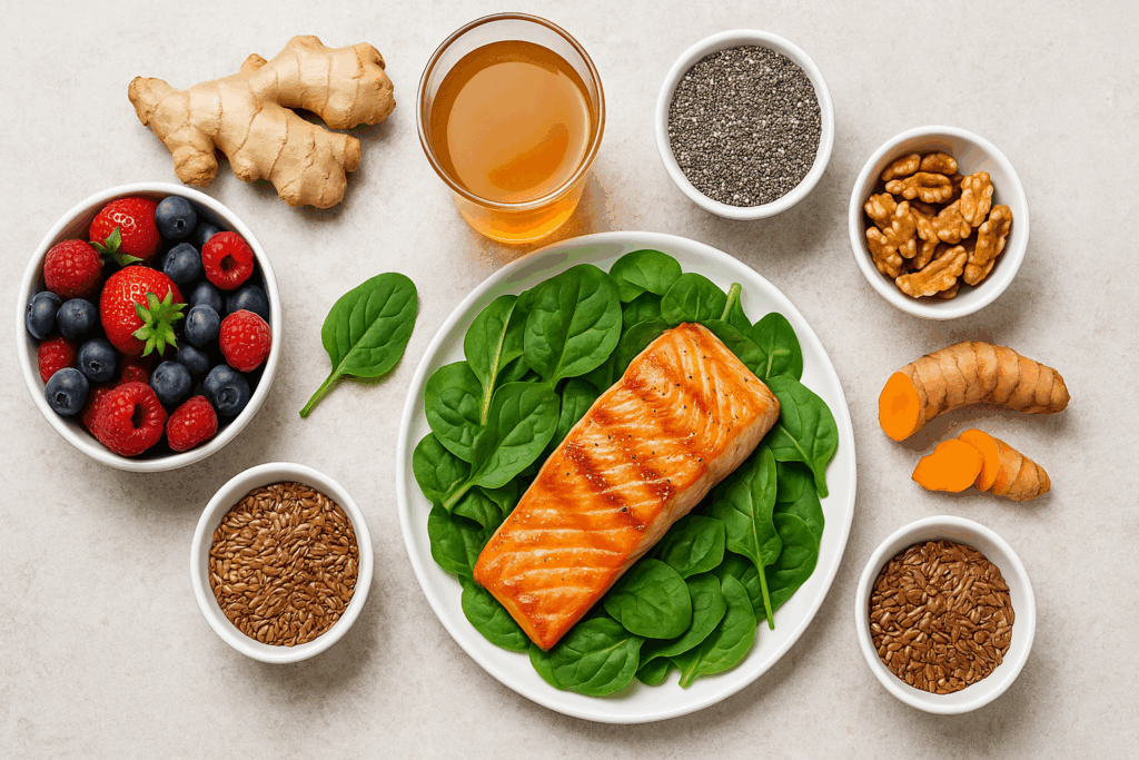 Anti-inflammatory foods including salmon, berries, leafy greens, turmeric, ginger, and kombucha arranged in a flat lay promoting how to reduce inflammation on face