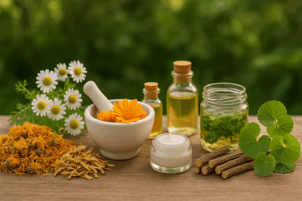 Herbal remedies like calendula, chamomile, licorice root, and centella asiatica arranged in a garden setting, illustrating how to reduce inflammation on face naturally