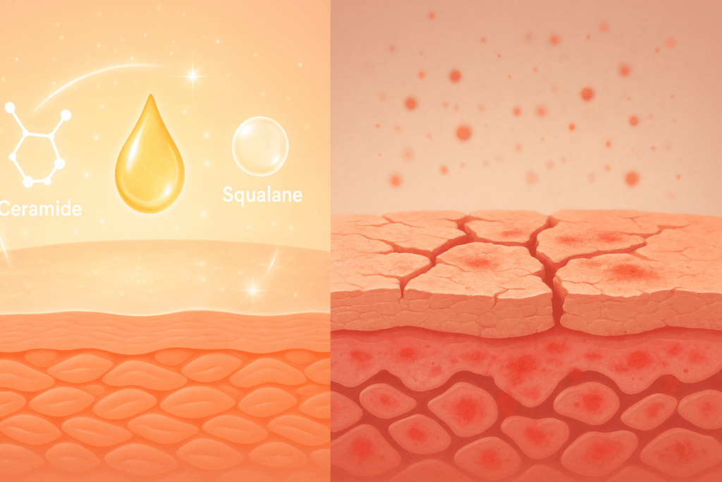Side-by-side comparison of healthy and damaged skin barriers illustrating how to reduce inflammation on face with ceramides, niacinamide, and squalane