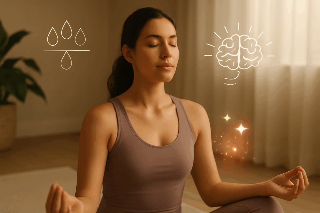 Woman practicing yoga in a softly lit room with glowing overlays symbolizing calm, balance, and how to reduce inflammation on face

