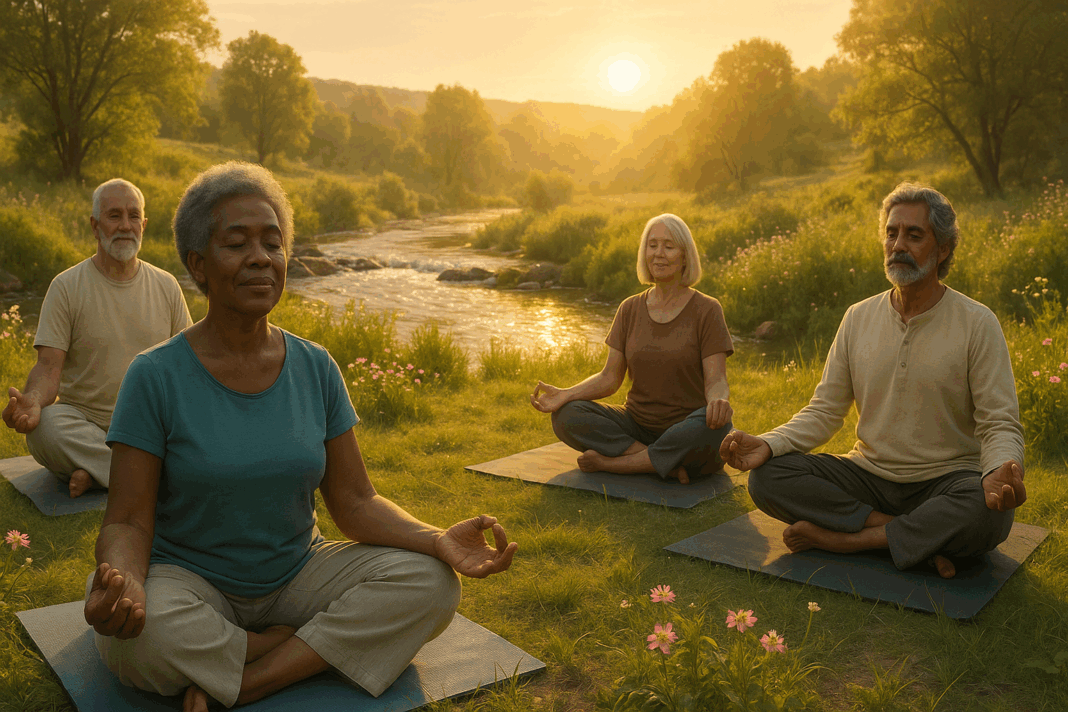 Older adults practicing yoga by a river at sunrise, a peaceful scene illustrating what stops arthritis pain naturally through gentle movement and nature.