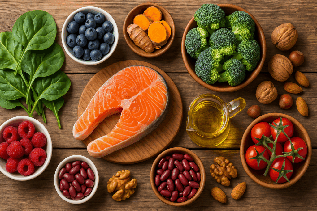 Rustic wooden table topped with salmon, leafy greens, berries, turmeric, olive oil, nuts, and legumes—whole foods that show what stops arthritis pain naturally.