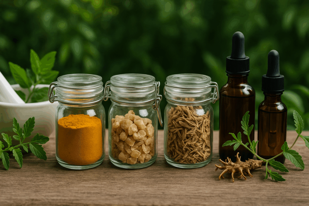 Glass jars of turmeric, boswellia, willow bark, and devil’s claw with tinctures and greenery—natural remedies showing what stops arthritis pain naturally.
