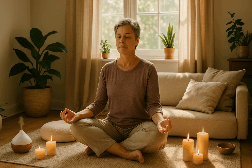 Middle-aged person meditating in a sunlit room with candles and essential oils, illustrating what stops arthritis pain naturally.