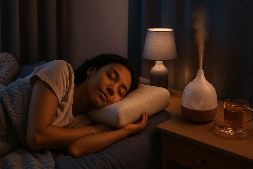Woman sleeping peacefully with a diffuser and herbal tea nearby, illustrating what stops arthritis pain naturally through rest and calming routines.