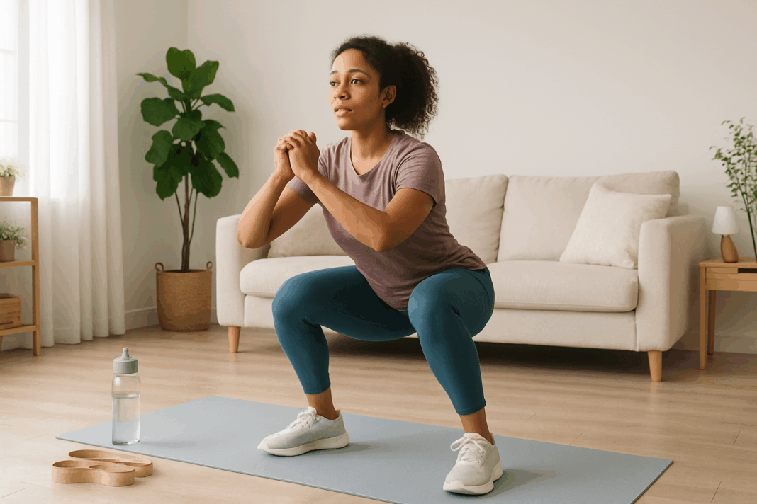 Woman doing squats on a yoga mat in a sunlit living room as part of a 30 minute home workout for beginners