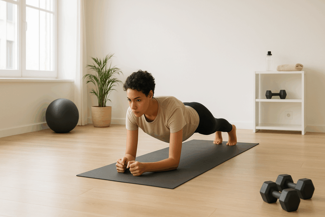 Woman doing a forearm plank on a yoga mat in a sunlit home gym, illustrating beginner core exercises