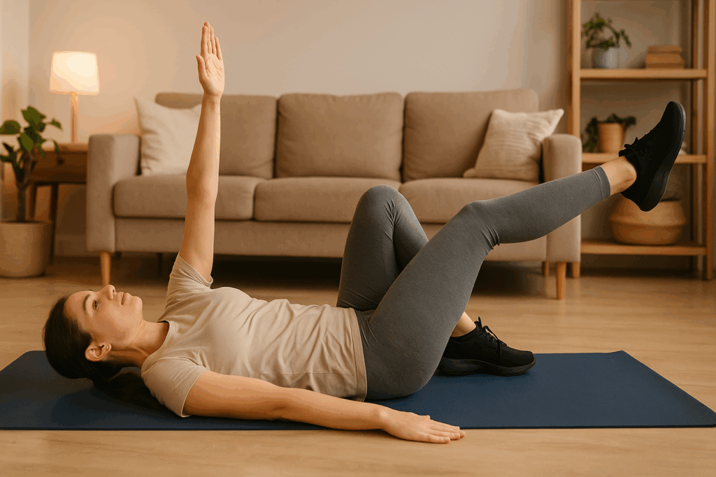 Woman doing dead bug pose on a yoga mat in a cozy living room as part of beginner core exercises