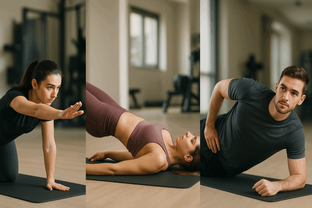 Three people demonstrating beginner core exercises: bird-dog, glute bridge, and side plank in a bright gym setting.