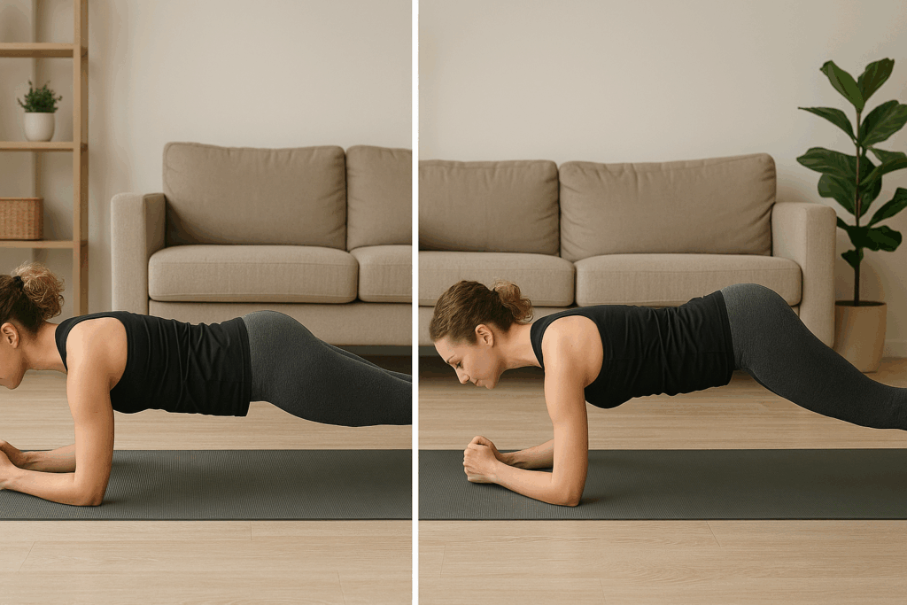Side-by-side comparison of proper and improper plank form performed at home, illustrating common mistakes in beginner core exercises