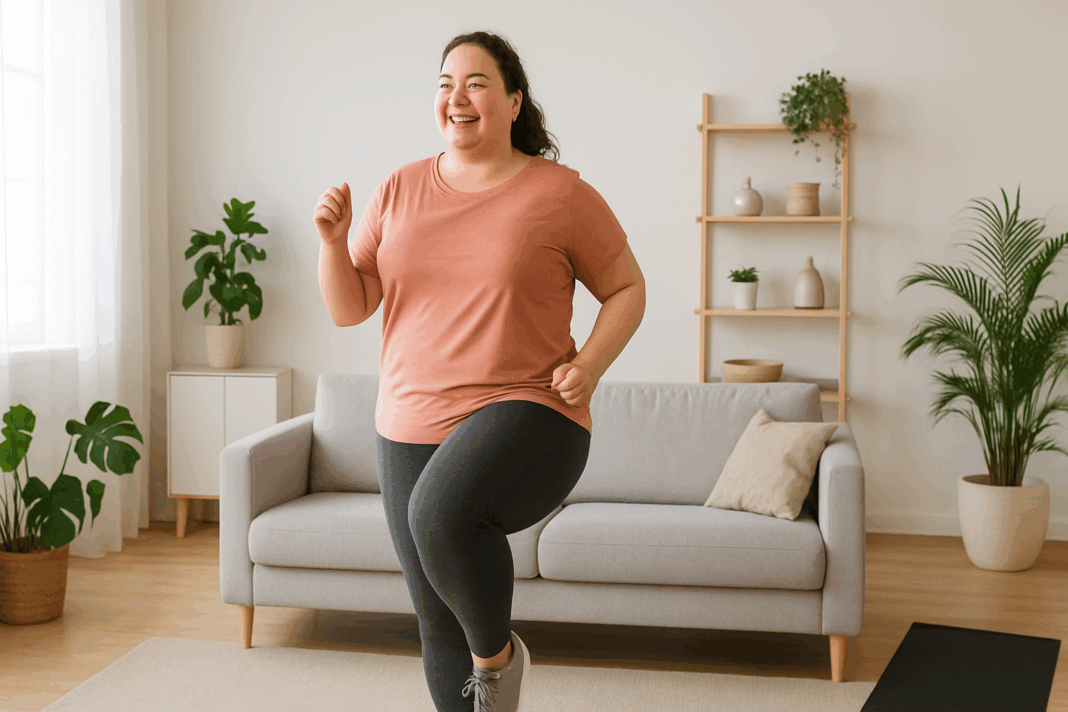Smiling woman doing low-impact marching in place in a bright living room, demonstrating cardio exercises for beginners.