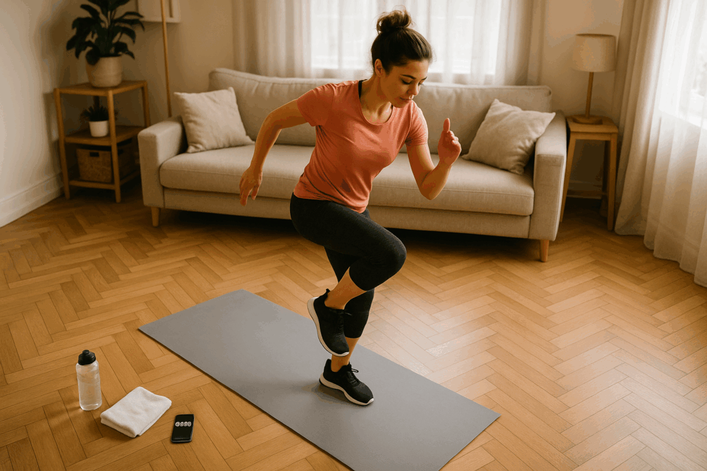 Woman performing cardio exercises for beginners on a yoga mat in a cozy living room with a towel, water bottle, and phone timer nearby