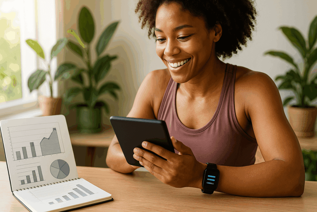 Woman reviewing workout stats on a tablet with fitness journal and tracker, symbolizing cardio exercises for beginners progress.
