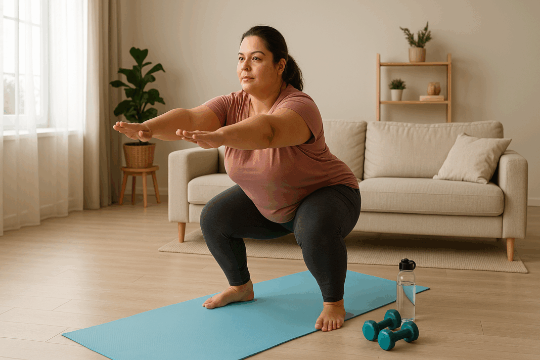 Beginner woman doing squats on a yoga mat in a bright living room, showing how long should a beginner exercise for safe results