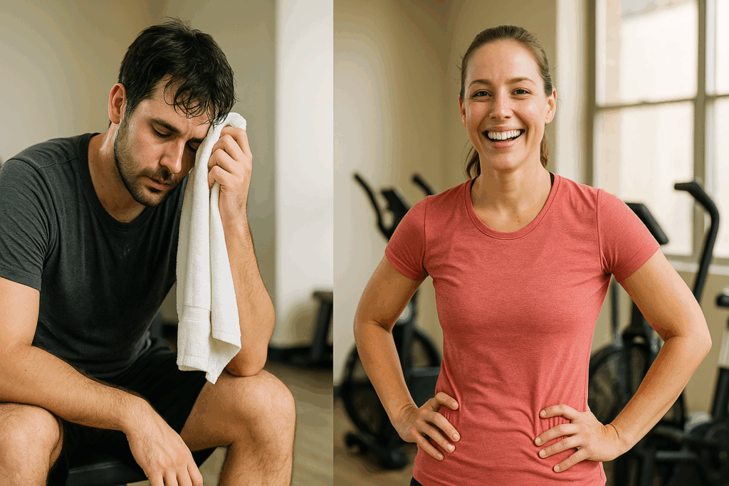 Two beginners after workouts—one exhausted from a long session, the other energized—illustrating how long should a beginner exercise for.