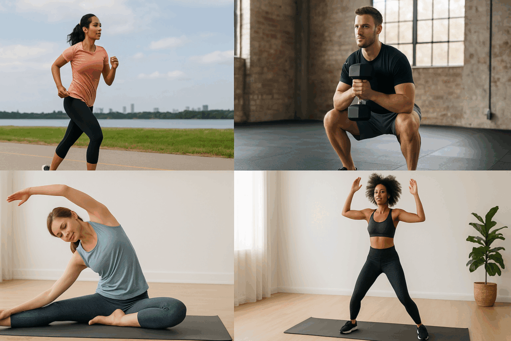 Four-quadrant image showing cardio, strength training, yoga, and HIIT workouts to illustrate how long should a beginner exercise for