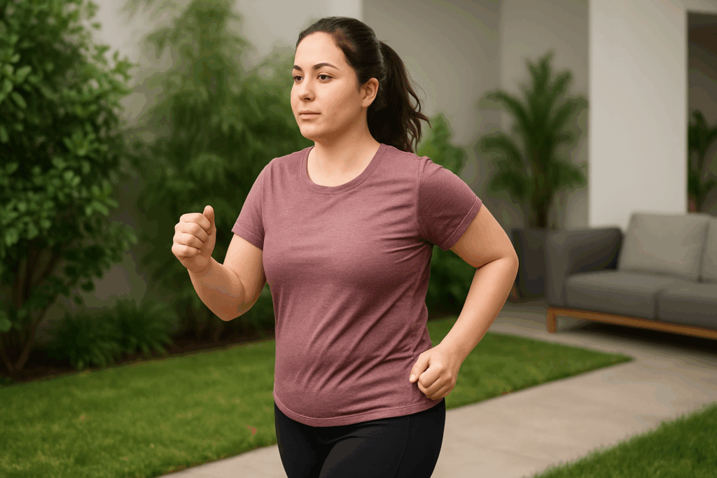 Beginner woman doing brisk walking in a garden setting, illustrating how long should a beginner exercise for sustainable weight loss.