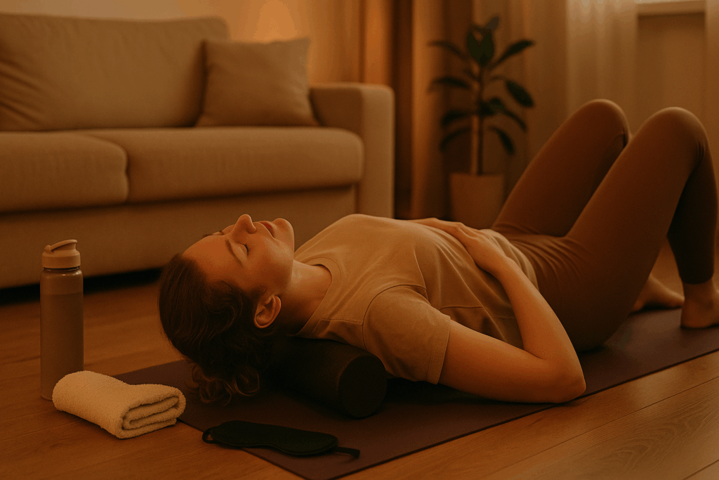 Beginner using a foam roller on a yoga mat in a peaceful room after a workout, showing how long should a beginner exercise for recovery needs.