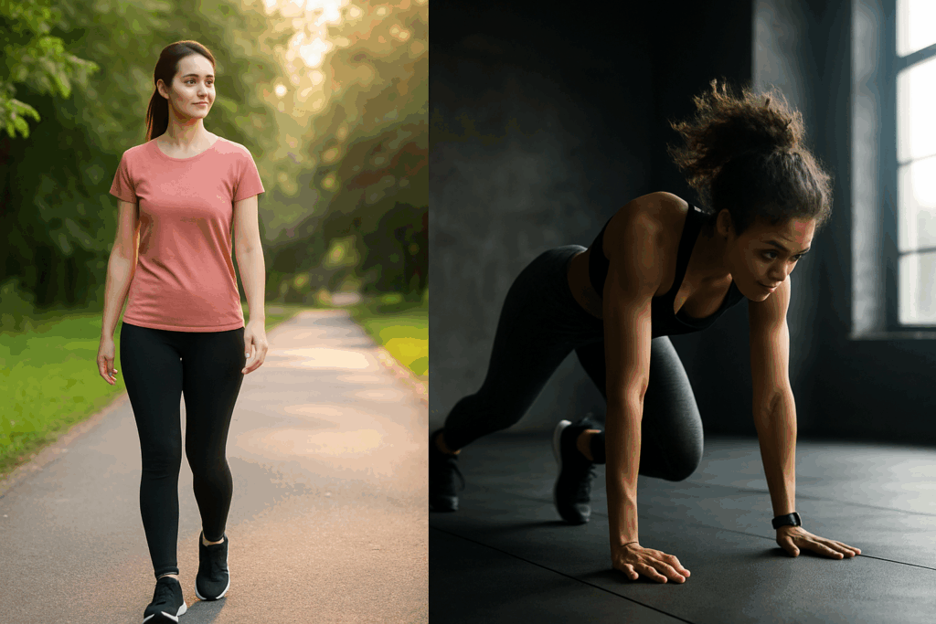 Visual contrast of beginner workouts showing low-intensity outdoor walking versus high-intensity indoor training, highlighting how long should a beginner exercise for