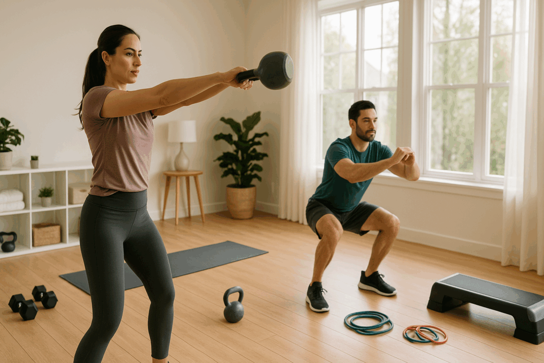 Woman performing kettlebell swings and man doing squats in a bright home gym circuit for weight loss, with compact fitness gear around them.
