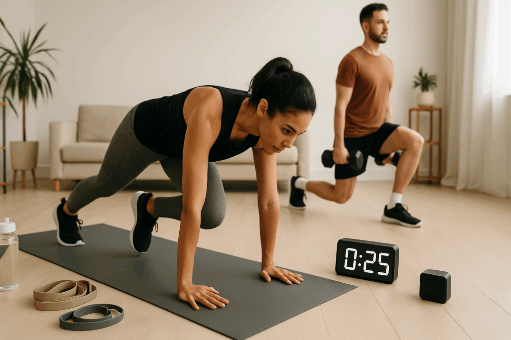 Woman doing mountain climbers and man performing lunges in a home gym circuit for weight loss with timer, bands, and dumbbells.