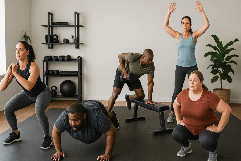 Five people of diverse body types perform a gym circuit for weight loss in a home gym, doing squats, push-ups, lunges, rows, and jumping jacks.