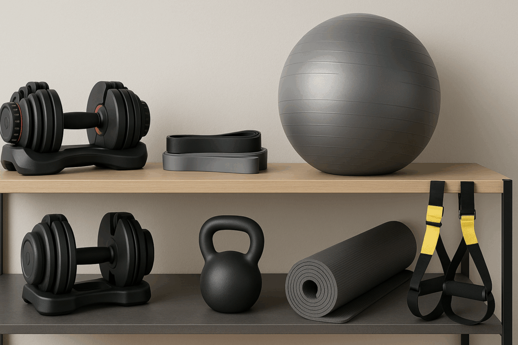 Essential equipment neatly arranged for a home-based gym circuit for weight loss, including dumbbells, resistance bands, yoga mat, and TRX straps.