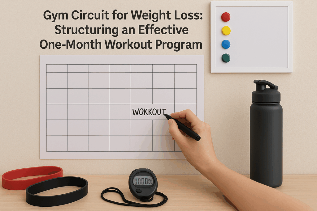 Person planning a gym circuit for weight loss by writing workout days on a wall calendar, surrounded by resistance bands, a timer, and a water bottle