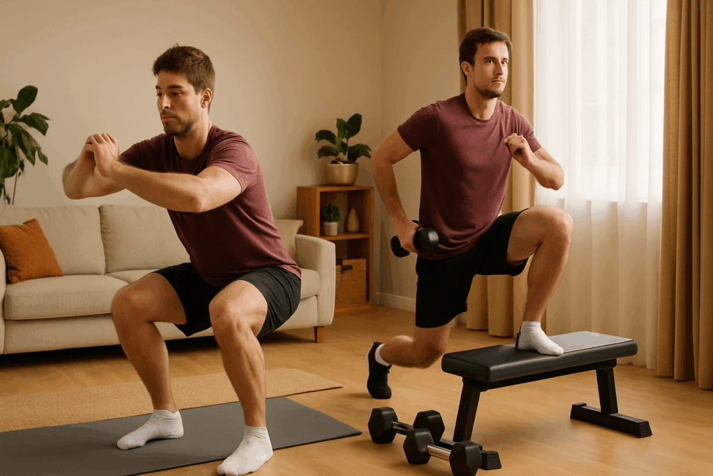 Beginner doing a home gym circuit for weight loss with squats, step-ups, and rows in a cozy living room