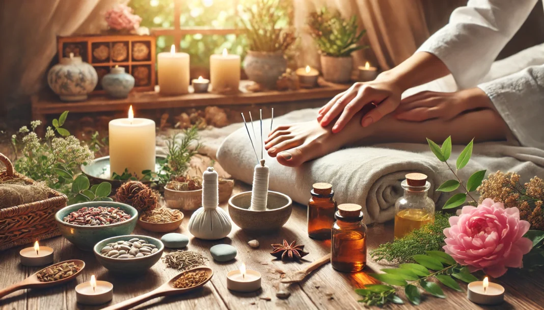 A peaceful holistic cancer treatment setting featuring a person receiving acupuncture therapy. The scene includes soft candlelight, traditional Chinese medicine herbs, and a serene, healing atmosphere.