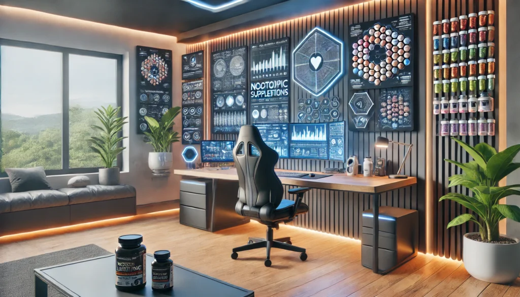 A high-tech biohacker’s home workspace with an ergonomic workstation, nootropic supplements, smart lighting, and advanced health monitoring devices, designed for cognitive enhancement and experimentation.