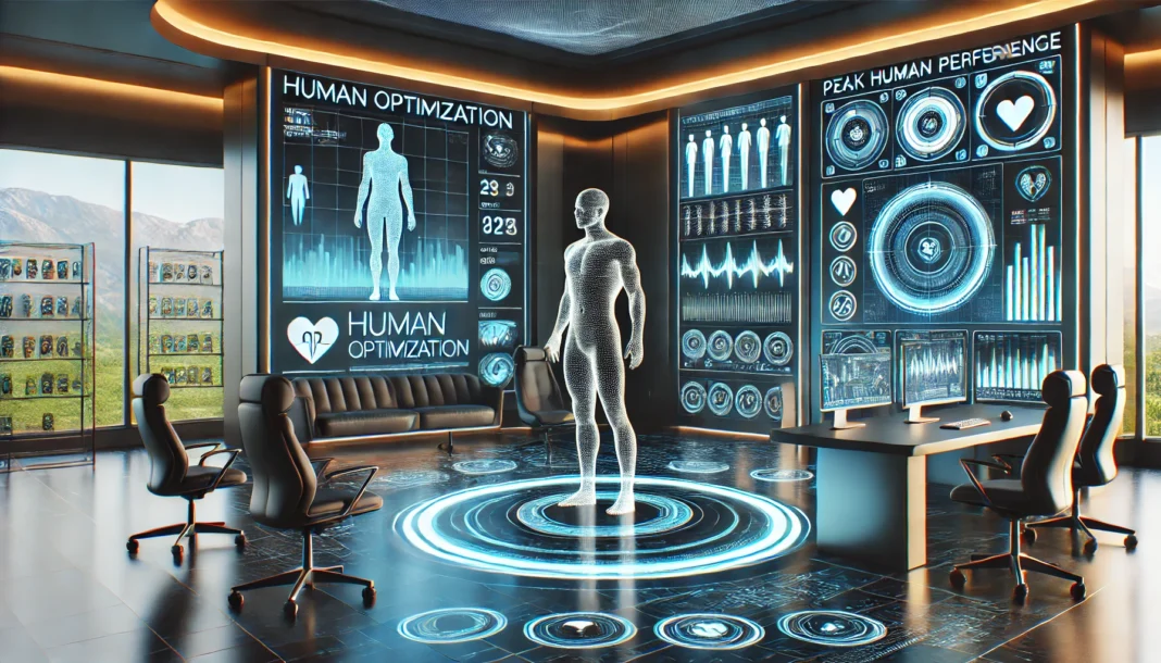 A futuristic human optimization lab featuring wearable health monitors, AI-driven diagnostic screens, and glowing biometric data projections in a sleek, high-tech environment focused on peak performance.