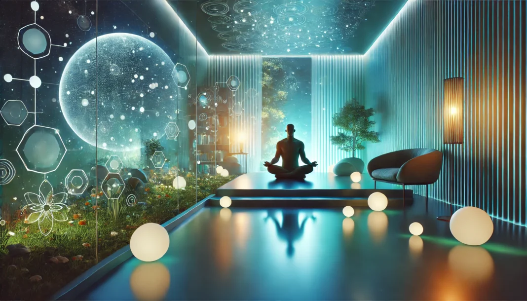 A tranquil meditation scene in a futuristic wellness environment, featuring a person meditating in a serene, modern room with ambient blue and green lighting, symbolizing mental clarity and relaxation.