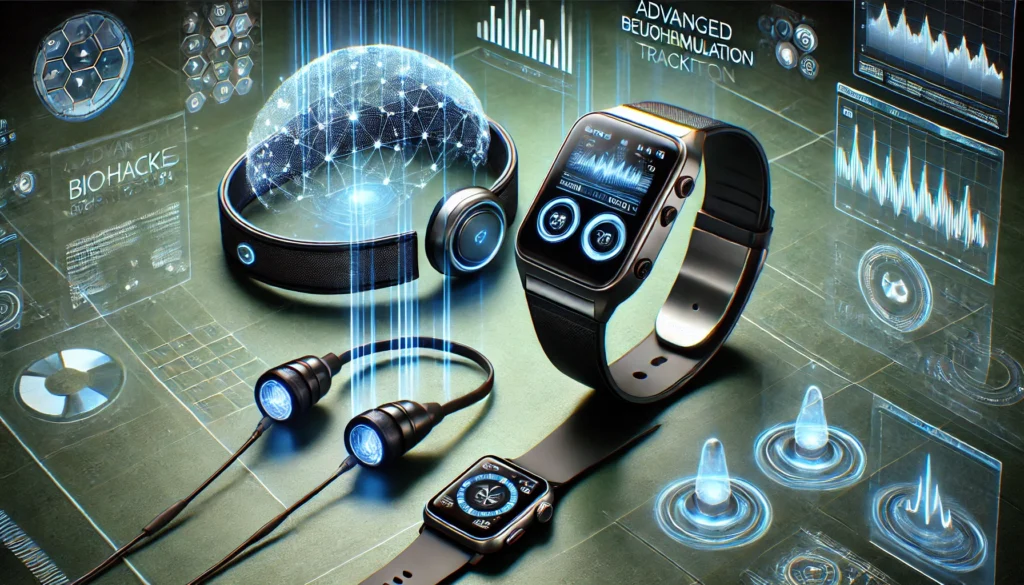 An advanced wearable biohacking device concept, showcasing a sleek smart ring, a futuristic smartwatch with biometric tracking, and a neurostimulation headset. The devices are displayed against a modern dark background with holographic health data projections.