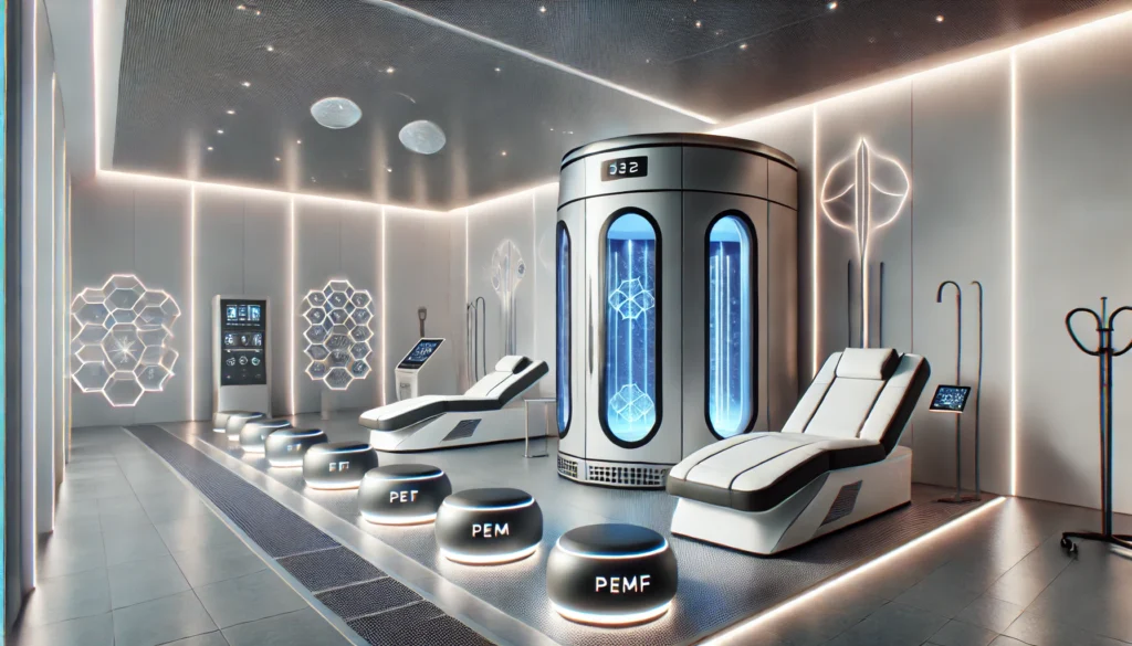 A high-tech biohacking recovery room featuring state-of-the-art cryotherapy chambers, infrared therapy beds, and PEMF healing devices. The futuristic space has a sleek, minimalist design with soft ambient lighting, promoting relaxation and physical recovery.

