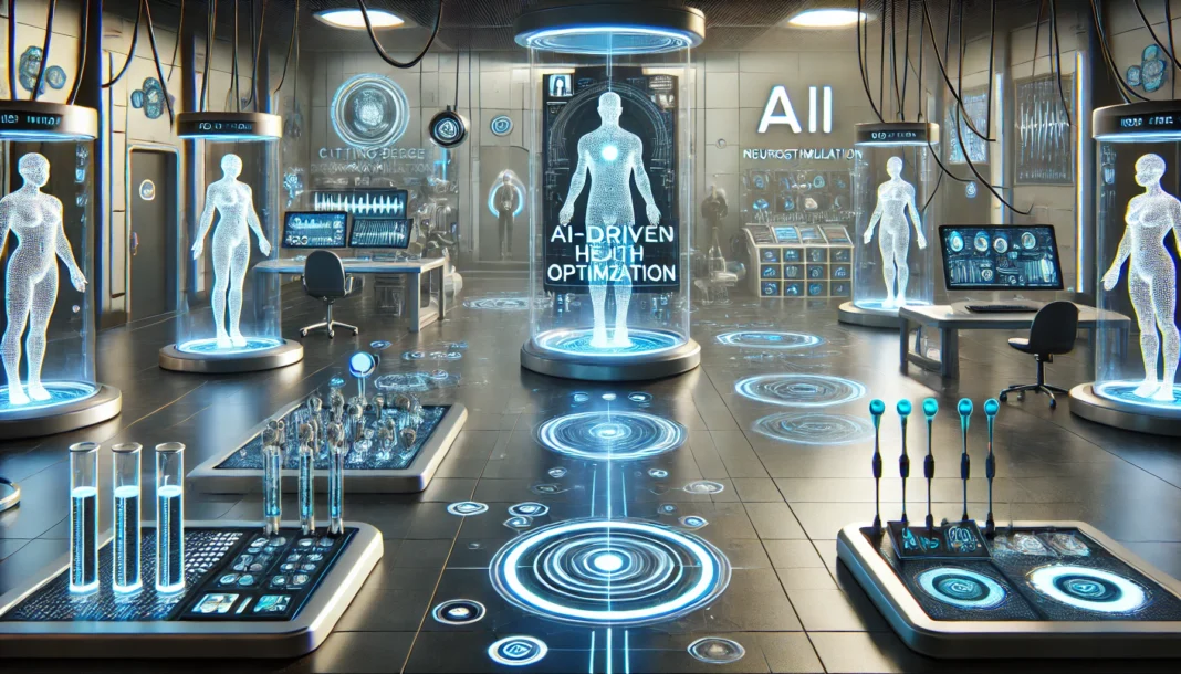 A futuristic biohacking laboratory filled with advanced devices for human optimization, including biometric scanners, AI-driven health monitoring systems, and neurostimulation technology. The sleek environment is illuminated with glowing blue and white lights, symbolizing technological advancements in biohacking.