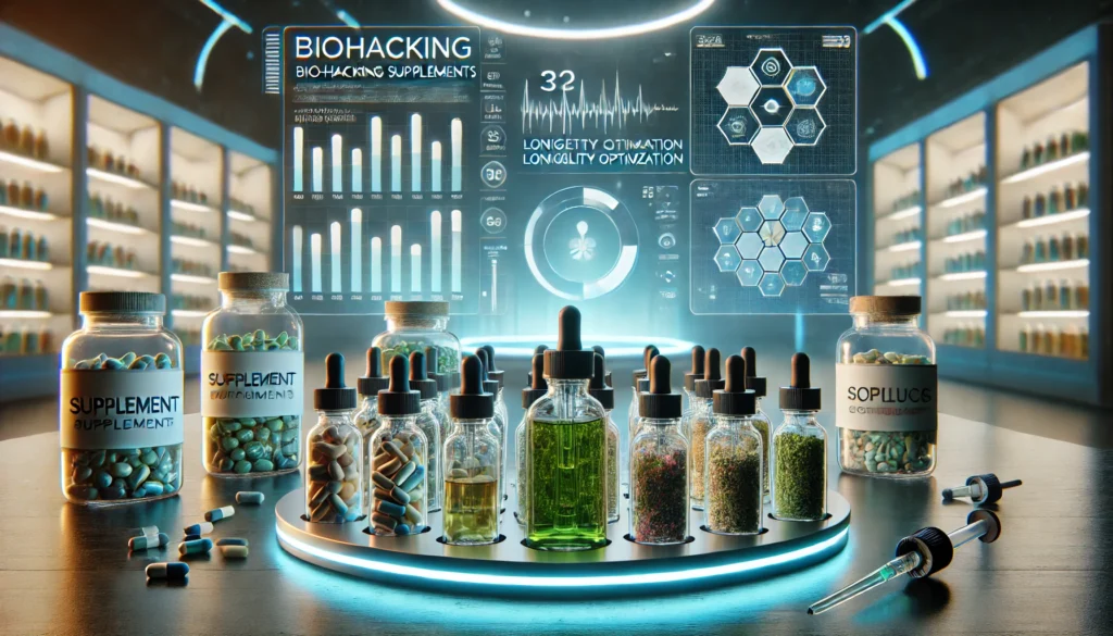 A high-tech supplement station showcasing biohacking supplements in a futuristic wellness center. The setting features neatly arranged capsules, liquid droppers, and herbal extracts, all illuminated by soft blue and green ambient lighting, with a digital health dashboard in the background displaying biometric tracking and longevity data.