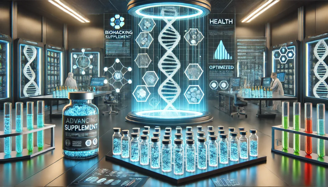 A futuristic biohacking supplement lab with glowing vials containing advanced nutrients and compounds. The scene includes modern scientific equipment analyzing molecular structures and a digital hologram displaying health data, symbolizing optimized performance and longevity.