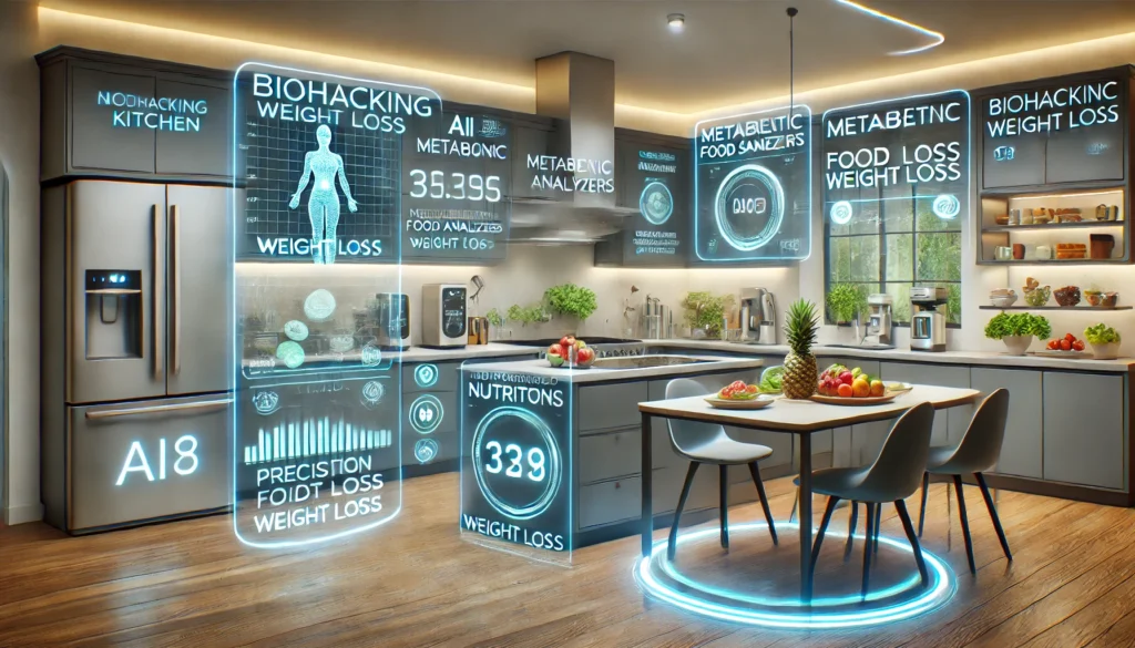 An advanced smart kitchen optimized for biohacking weight loss, showcasing AI-powered nutrition scanners, metabolic food analyzers, and precision supplement dispensers. The sleek, futuristic design includes holographic meal preparation guidance and ambient lighting for a high-tech nutritional experience.