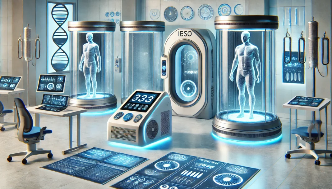 A futuristic laboratory with advanced biohacking equipment for weight loss, featuring high-tech metabolic monitoring devices, cold thermogenesis chambers, and smart fitness tracking systems. The environment is illuminated with a soft blue glow, creating a scientific and cutting-edge atmosphere.