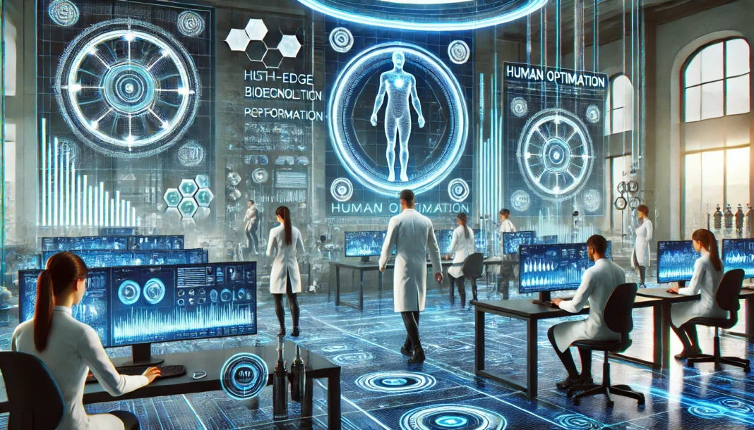 A futuristic biohacking laboratory – Scientists and biohackers are utilizing advanced technology for human performance optimization, with biometric scanners, wearable devices, and AI-driven health monitoring systems.