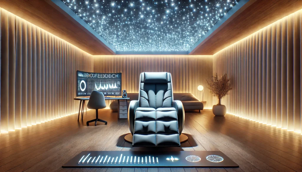 A futuristic meditation and sleep-inducing space with smart sleep aids, calming blue lights, and AI-assisted relaxation technology designed to help users fall asleep faster.