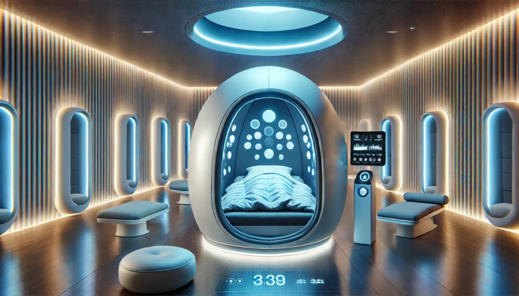A high-tech sleep therapy room equipped with an advanced relaxation pod, circadian lighting, and biohacking tools to promote faster sleep onset and improved sleep quality.
