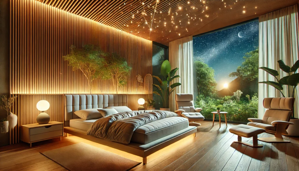 A serene, nature-inspired bedroom with soft lighting, minimalist decor, and a peaceful ambiance, optimized for relaxation and deep sleep.