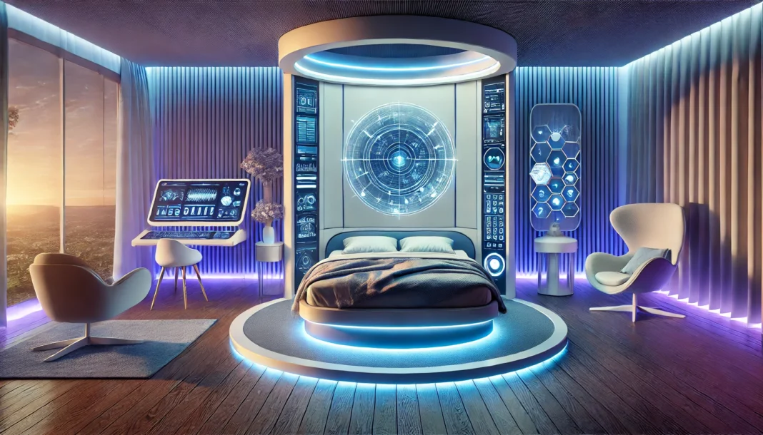 A futuristic sleep sanctuary featuring advanced sleep technology, including ambient lighting, ergonomic bedding, and AI-driven sleep monitors, designed to enhance deep, restorative sleep.