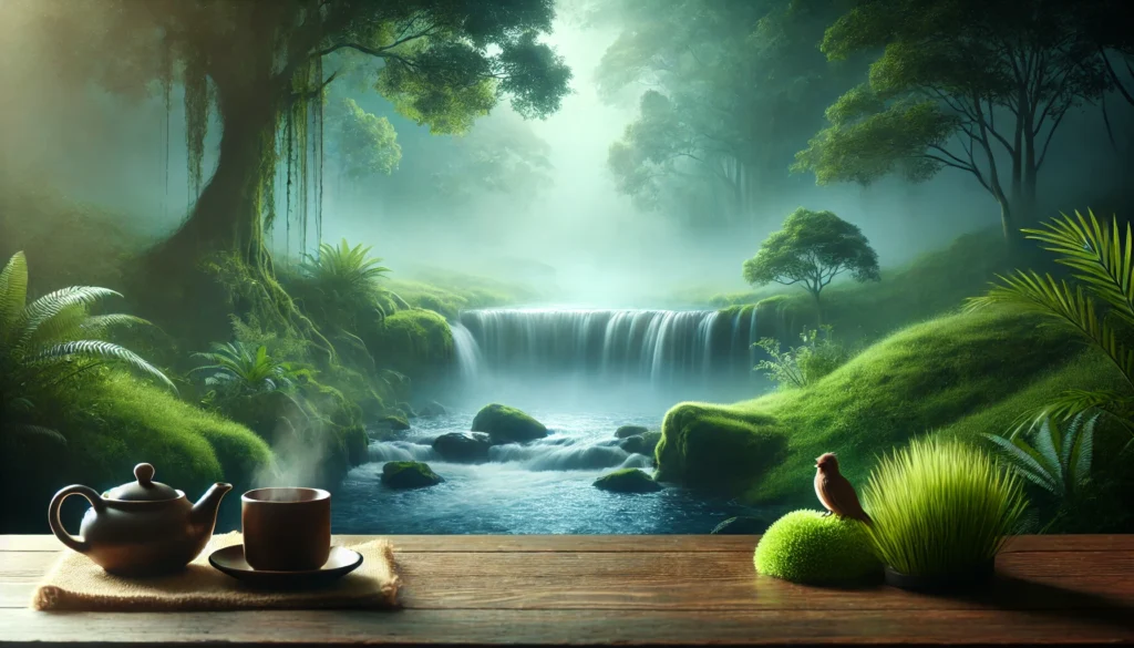 A tranquil nature scene featuring a flowing waterfall, lush greenery, and soft mist, symbolizing relaxation and natural sleep-inducing serenity.