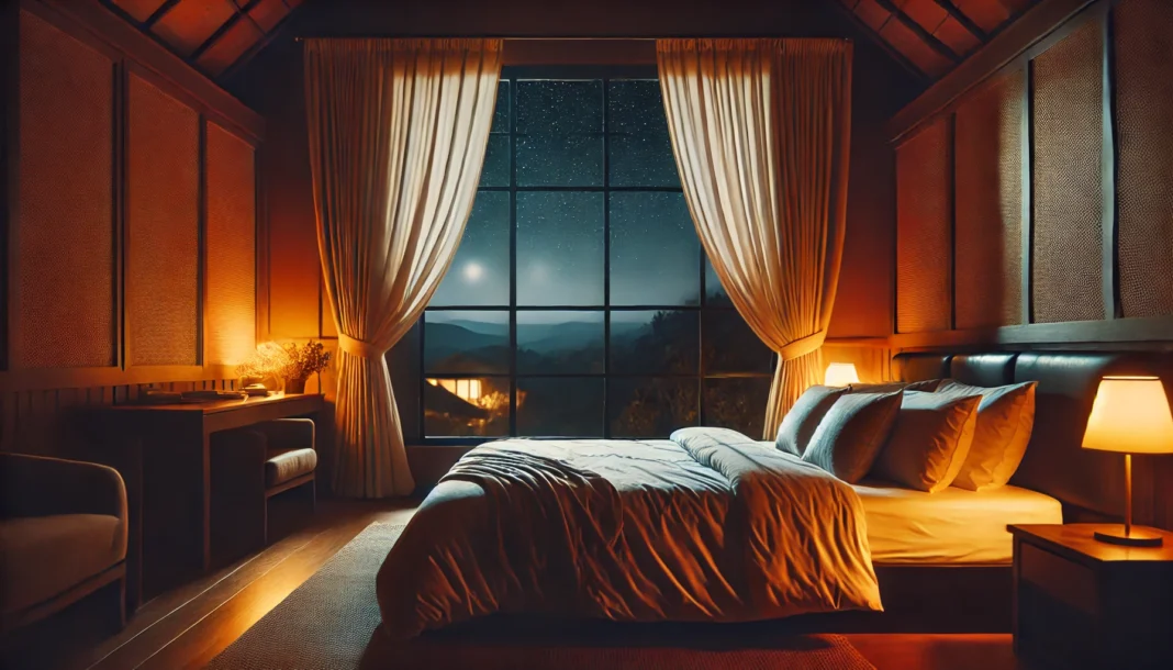 A serene bedroom at night with a cozy, well-made bed, dim warm lighting, and a starry night view outside the window, creating a relaxing ambiance for deep sleep.