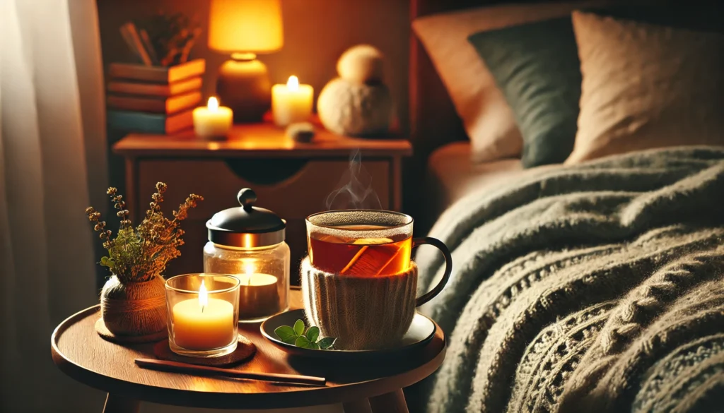 A cozy nighttime scene with a warm cup of herbal tea on a bedside table, complemented by candlelight and a soft blanket, symbolizing natural sleep remedies.