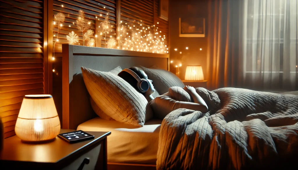 A cozy bedroom with a person wearing headphones, lying in bed peacefully while listening to a sleep meditation app, with ambient lighting creating a relaxing atmosphere.