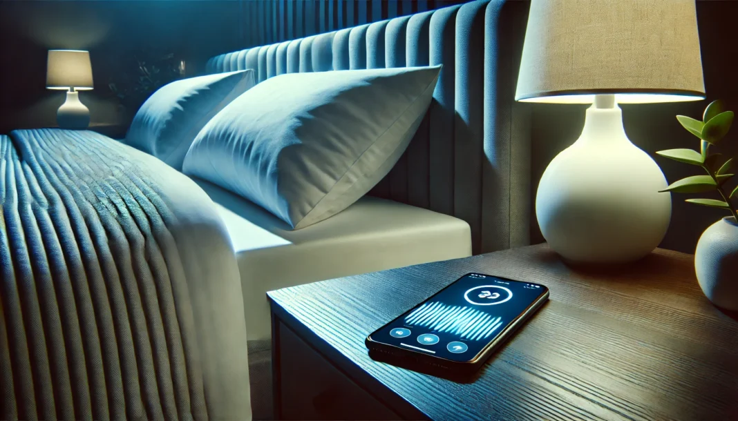 A modern bedroom at night with a smartphone on a bedside table displaying a sleep tracking app, emitting a soft glow that enhances the tech-assisted sleep environment.